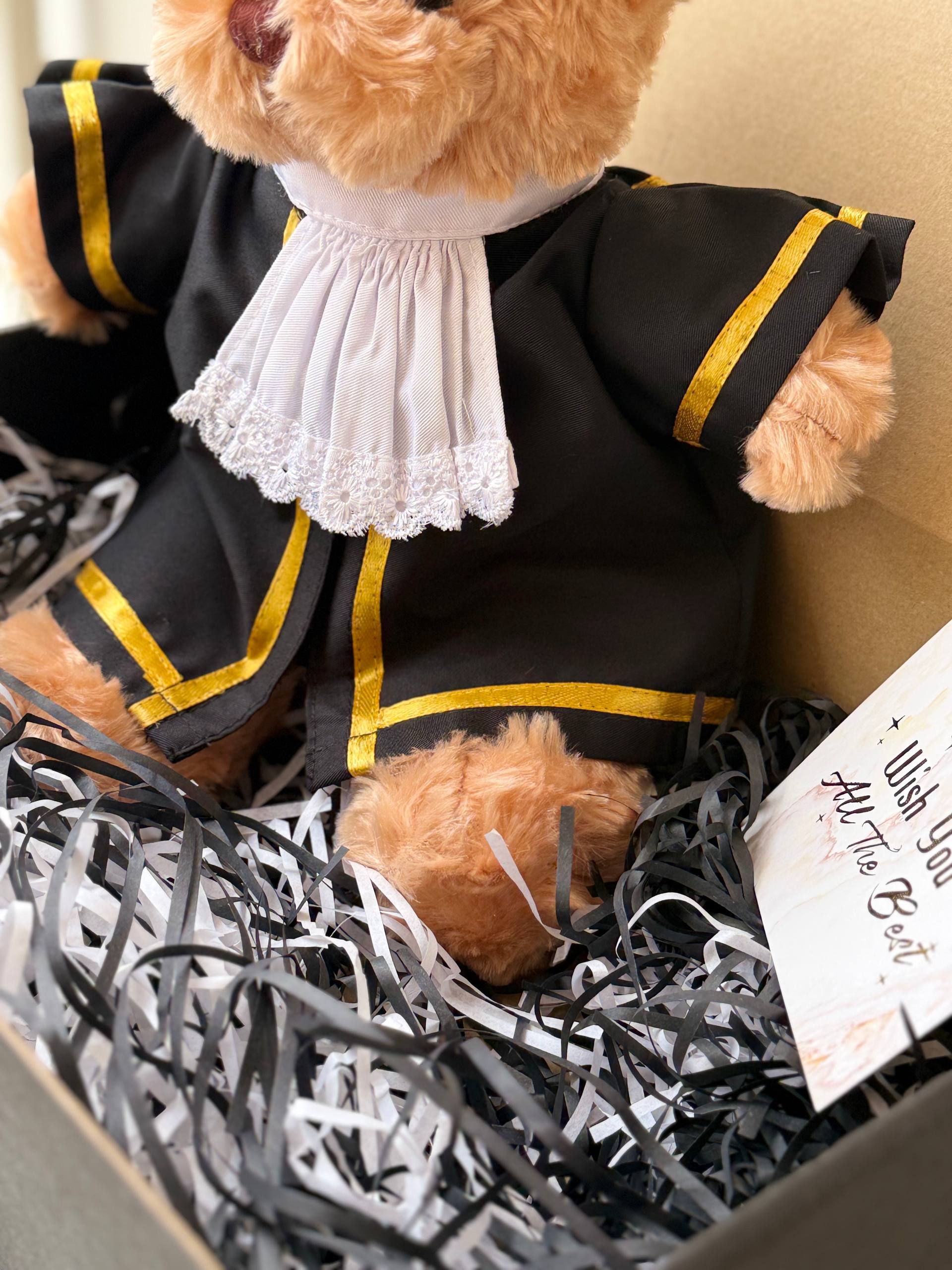Judge Bear — A handcrafted teddy bear dressed in a distinguished judge's robe, complete with an optional authentic judge's wig. A prestigious and meaningful gift for judges and legal professionals.