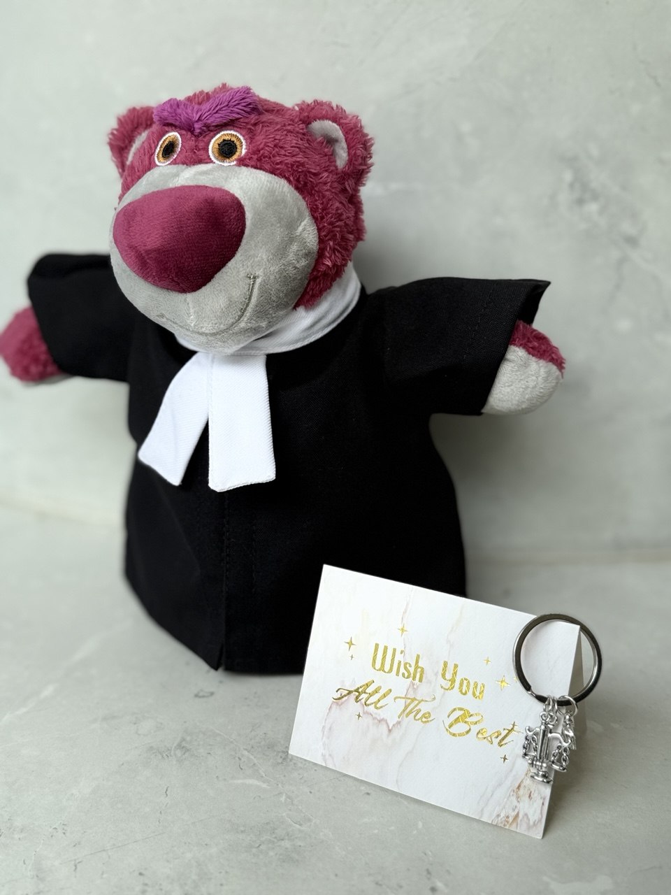 Lawso — A limited-edition handcrafted bear dressed in a distinctive law-themed outfit, designed from a real customer's own requirements. A rare, one-of-a-kind piece for legal professionals.
