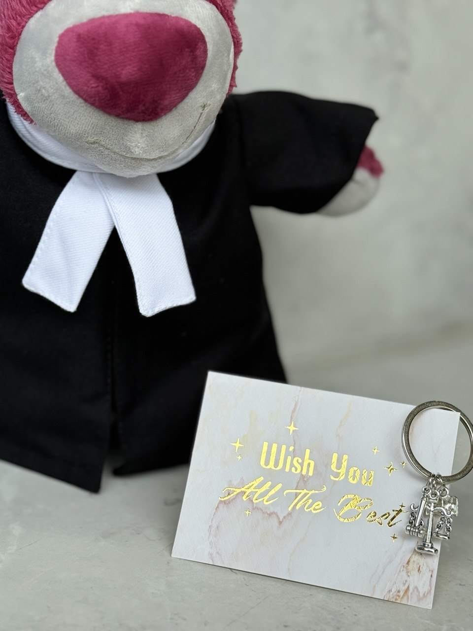 Lawso — A limited-edition handcrafted bear dressed in a distinctive law-themed outfit, designed from a real customer's own requirements. A rare, one-of-a-kind piece for legal professionals.